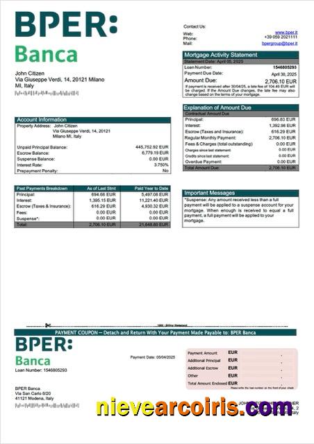 Italy BPER Banca mortgage statement Word and PDF template